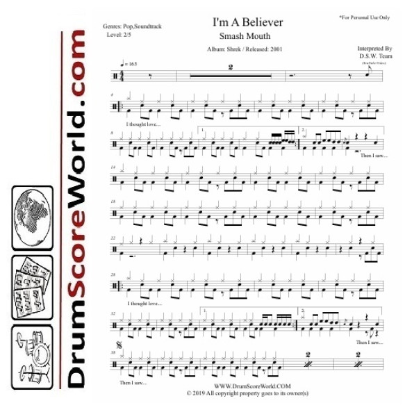 Smash Mouth - I'm A Believer | Drum Sheet & Play-Along Track
